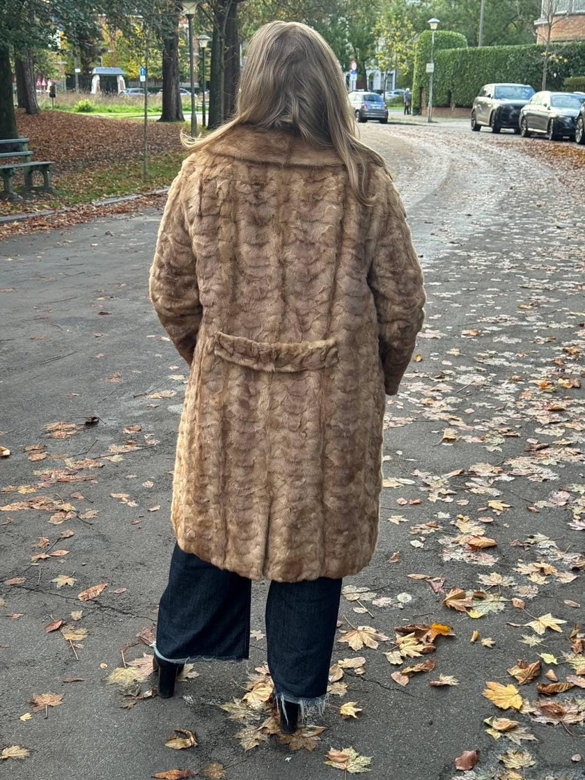 Long Beige Mink Fur Coat - L-XL