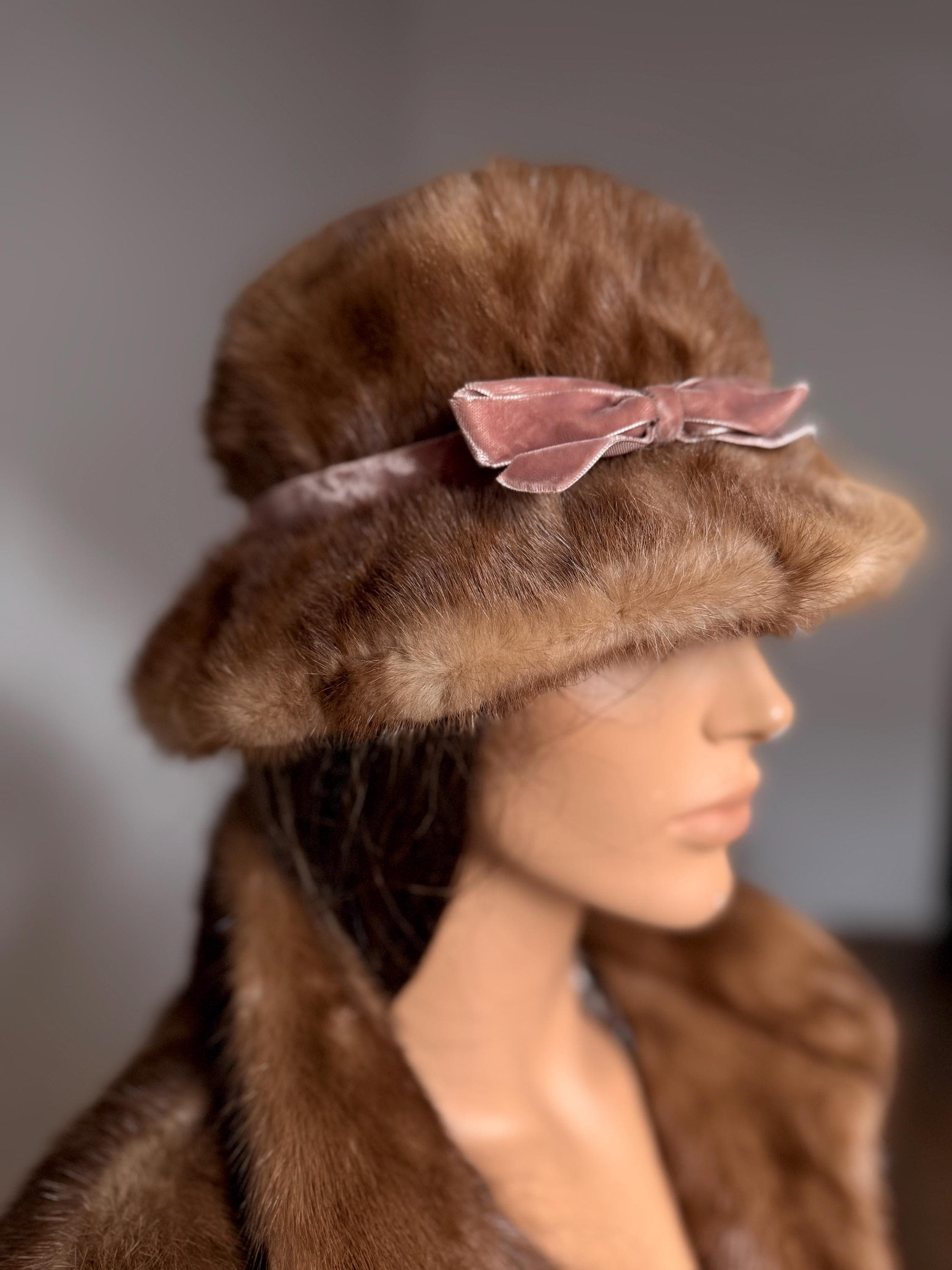 1970s pastel mink fur bucket hat with fabric stripe