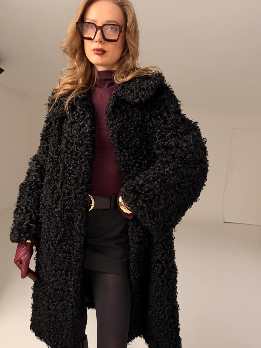 Black Curly Lamb Fur Coat -  M–L
