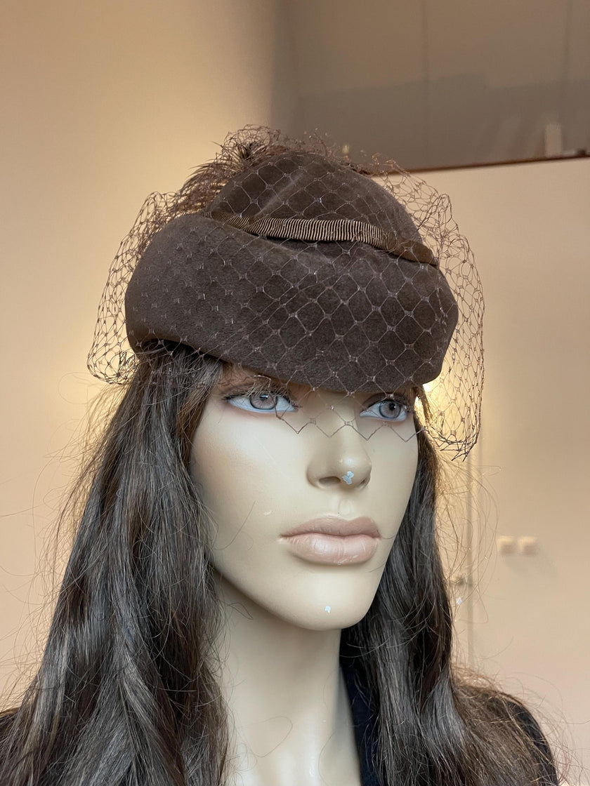 Brown Velour Pillbox Hat