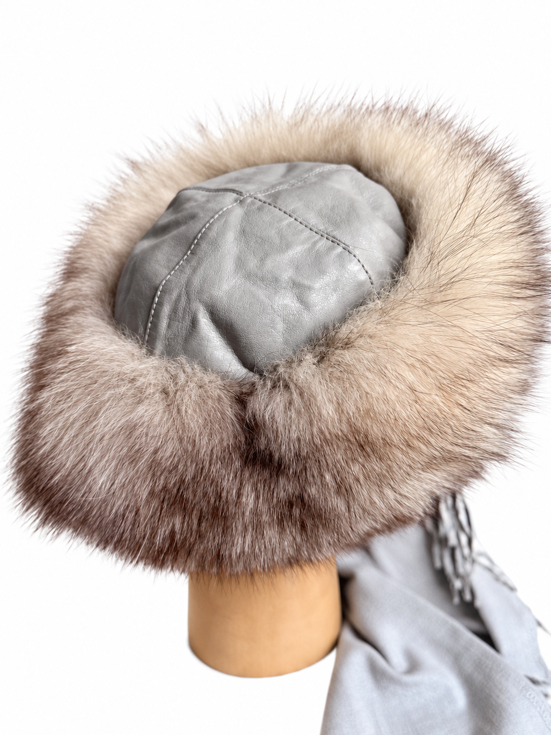 Blue Fox Fur Hat with Scarf