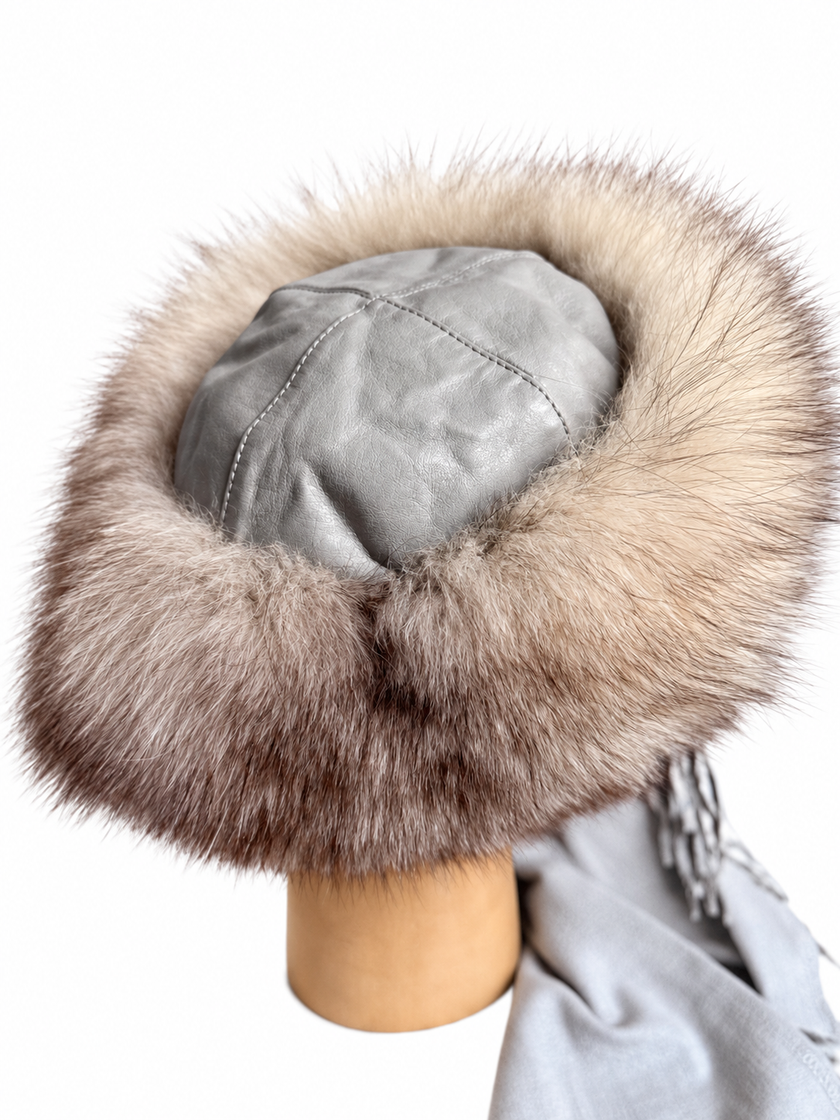 Blue Fox Fur Hat with Scarf