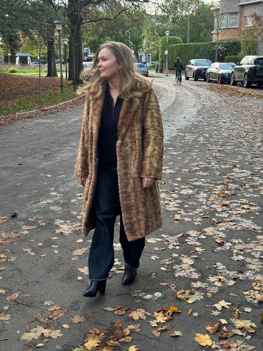 Long Beige Mink Fur Coat - L-XL