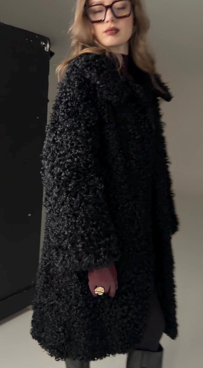 Black Curly Lamb Fur Coat -  M–L