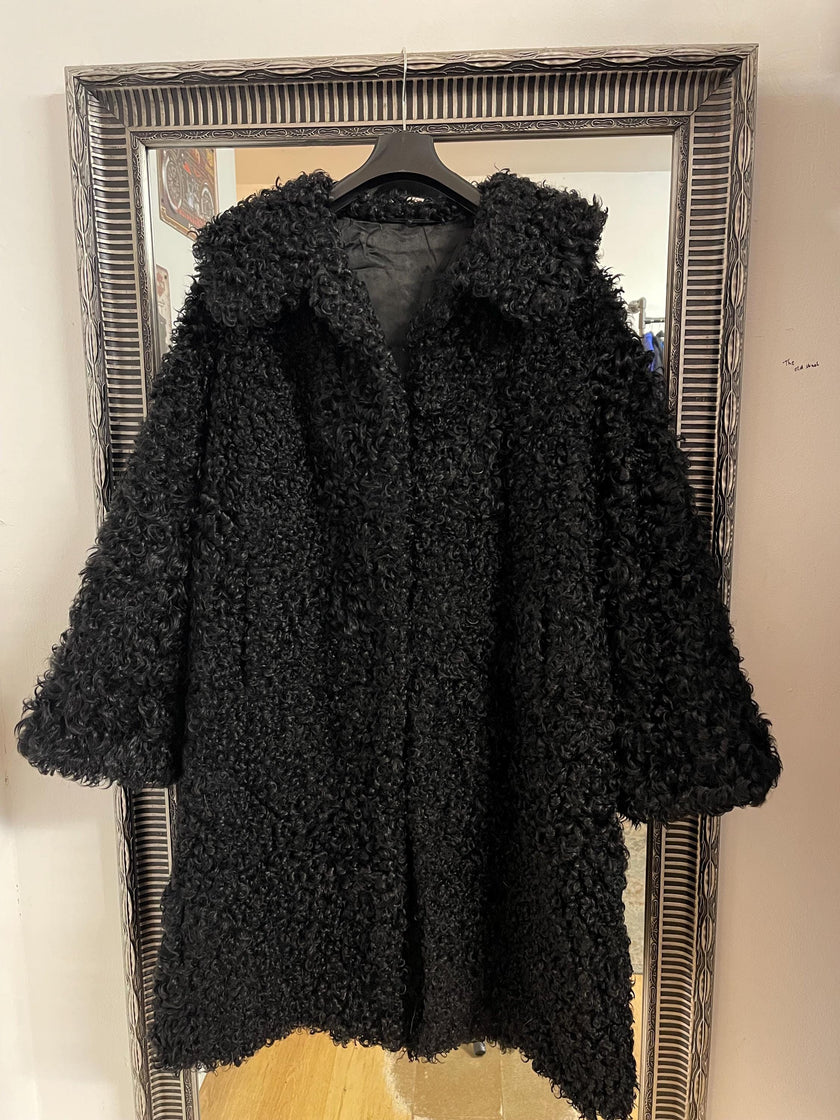 Black Curly Lamb Fur Coat -  M–L