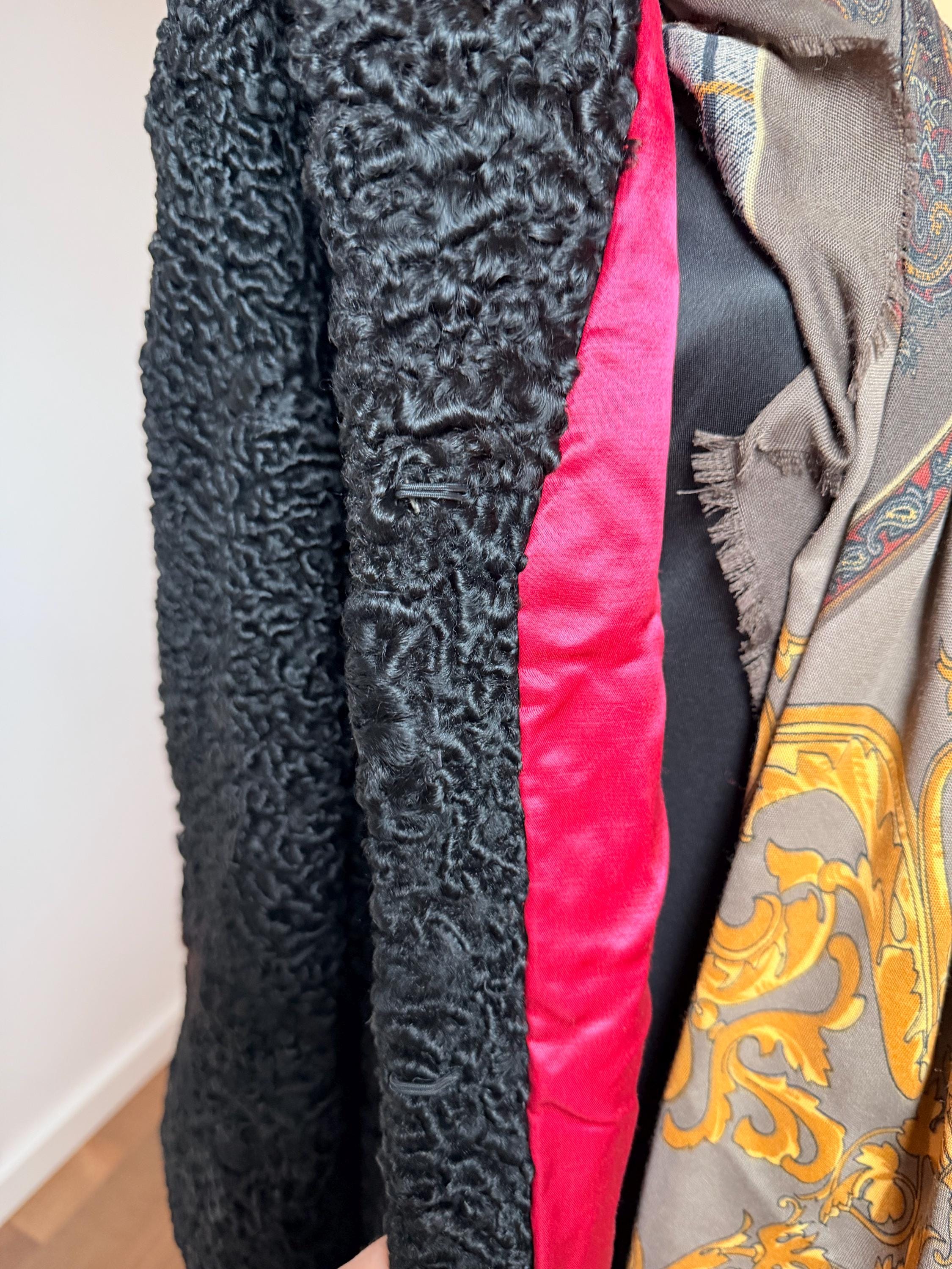 Long Black Lamb Fur Coat - L-XL