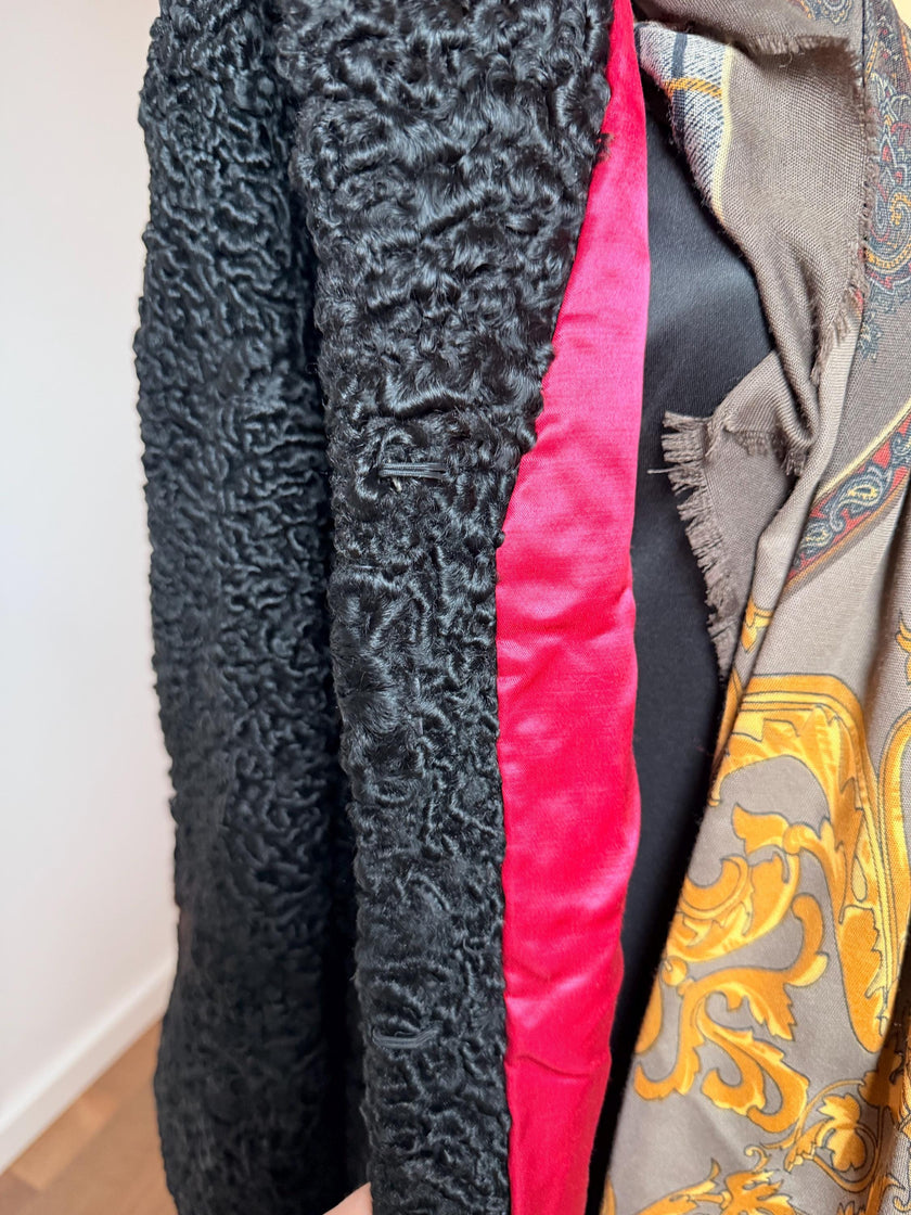 Long Black Lamb Fur Coat - L-XL