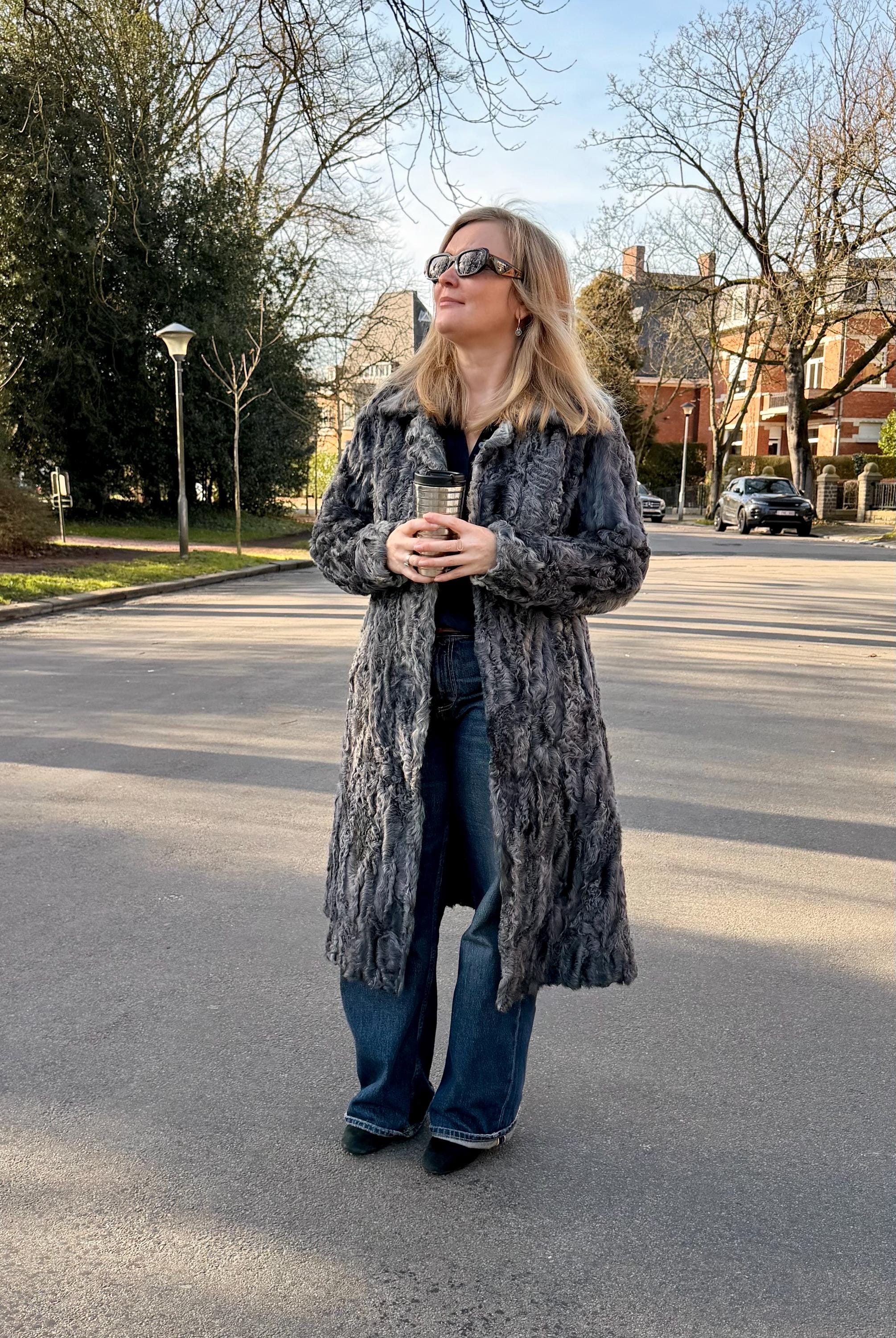 Grey Goat Fur Coat - S