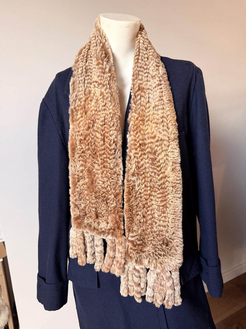 Beige rabbit fur scarf made from genuine knitted fur