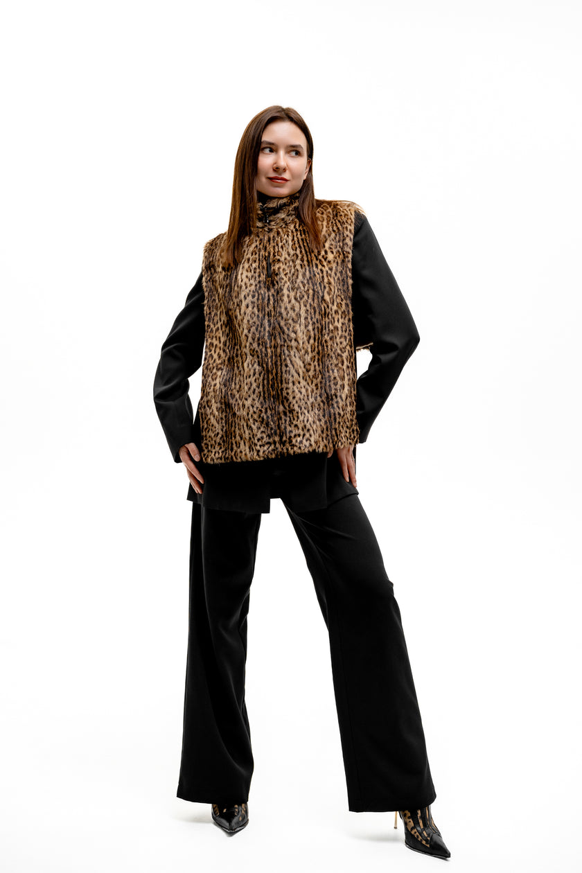 Leopard Print Fur Turtleneck Vest