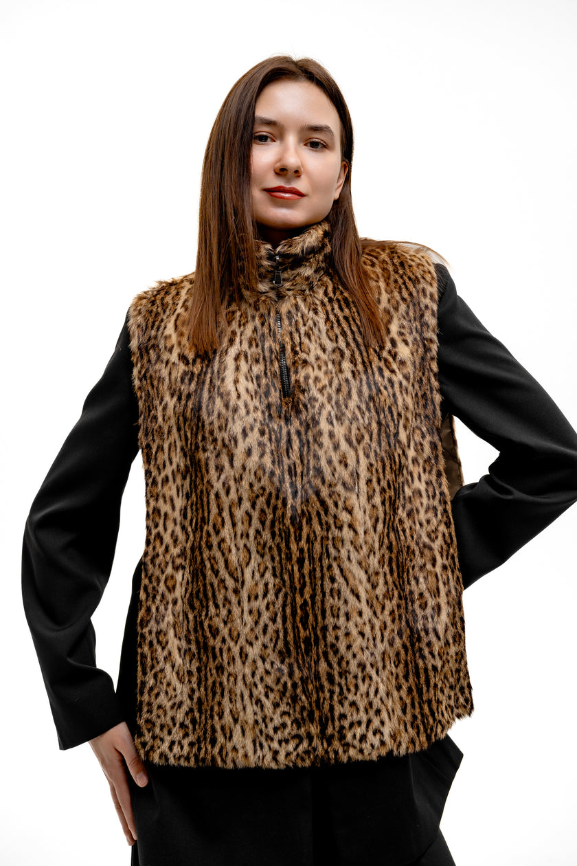 Leopard Print Fur Turtleneck Vest