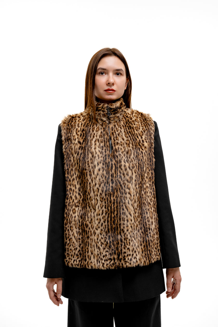 Leopard Print Fur Turtleneck Vest