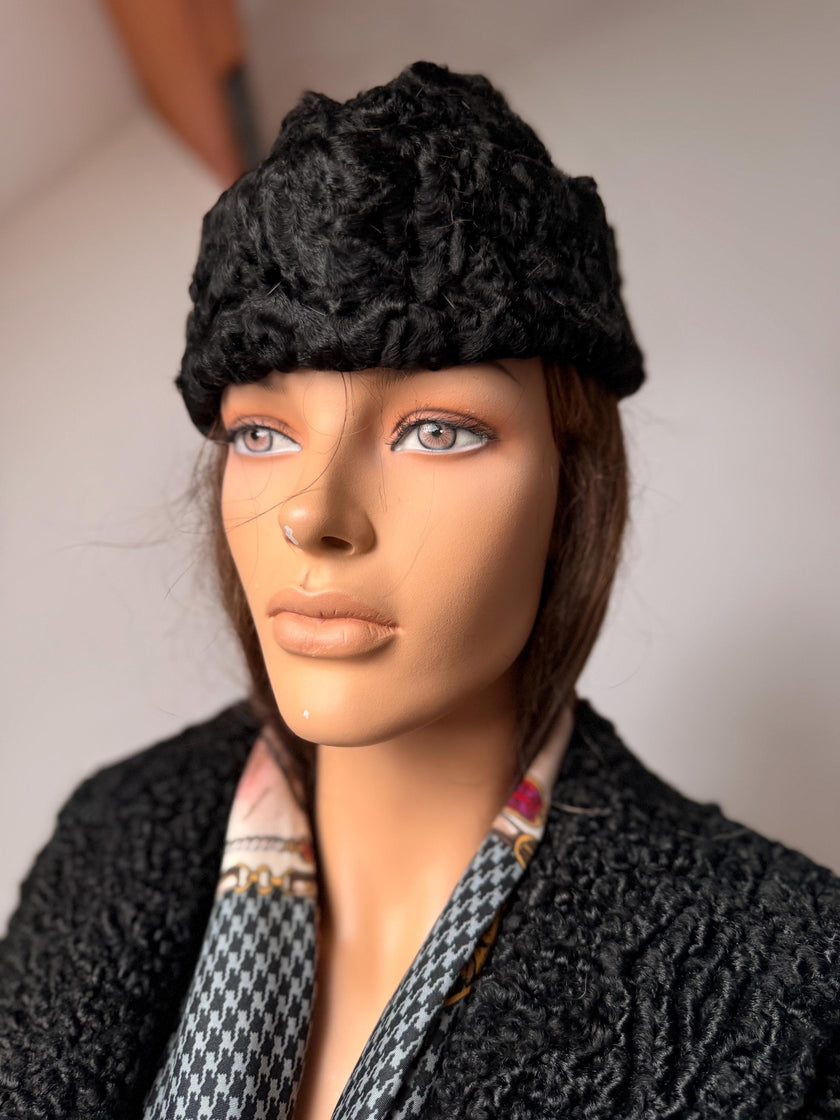 Elegant genuine Astrakhan fur hat for women