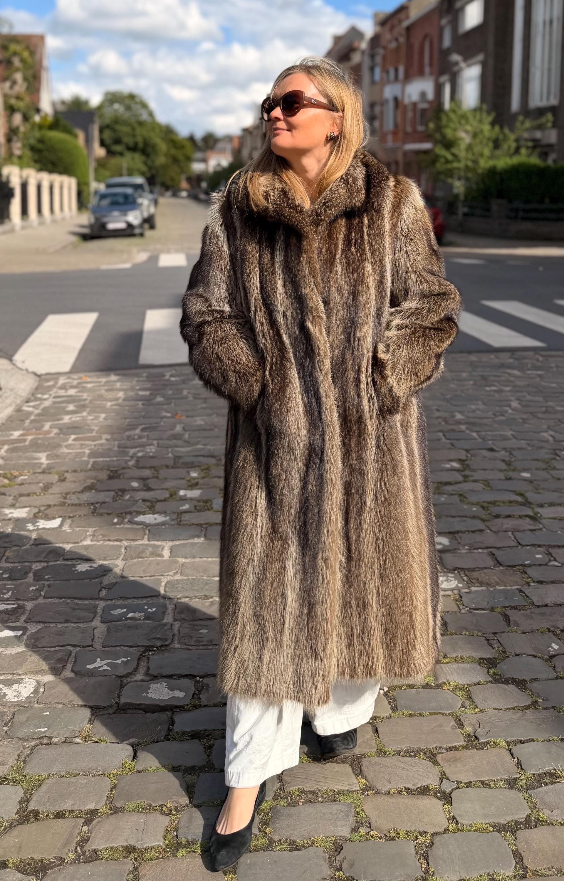 Full-length vintage raccoon fur coat made from genuine fur