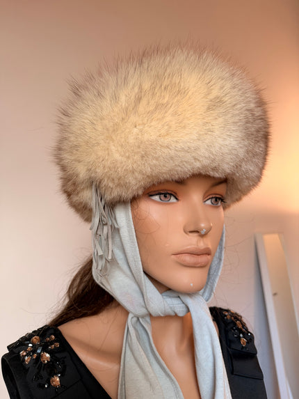 Blue Fox Fur Hat with Scarf