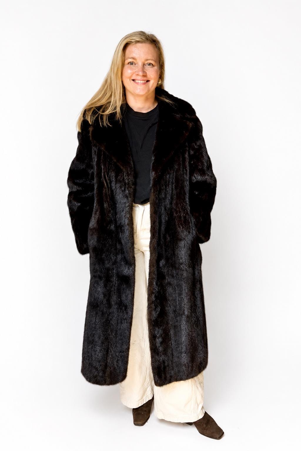 Luxury deep brown vintage mink fur coat made from genuine full-pelt mink