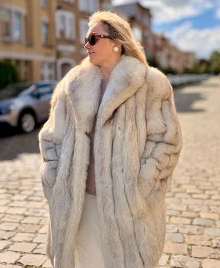 Luxury white blue fox fur jacket made from genuine fur