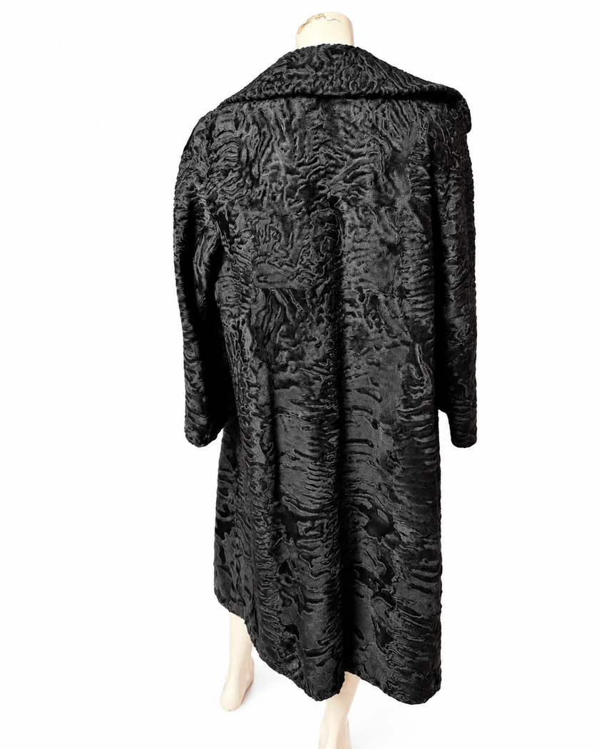 Black Long Lamb Fur Coat - L
