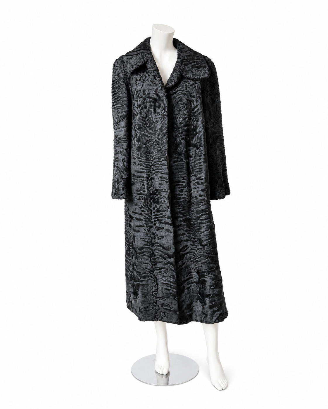Black Long Lamb Fur Coat - L