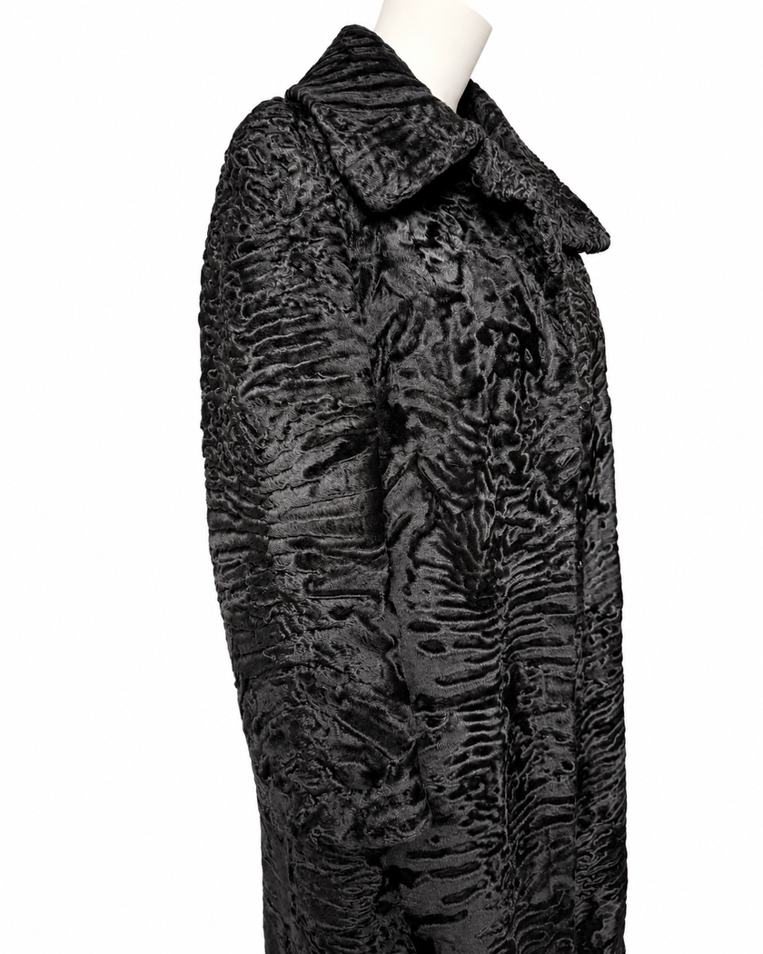 Black Long Lamb Fur Coat - L