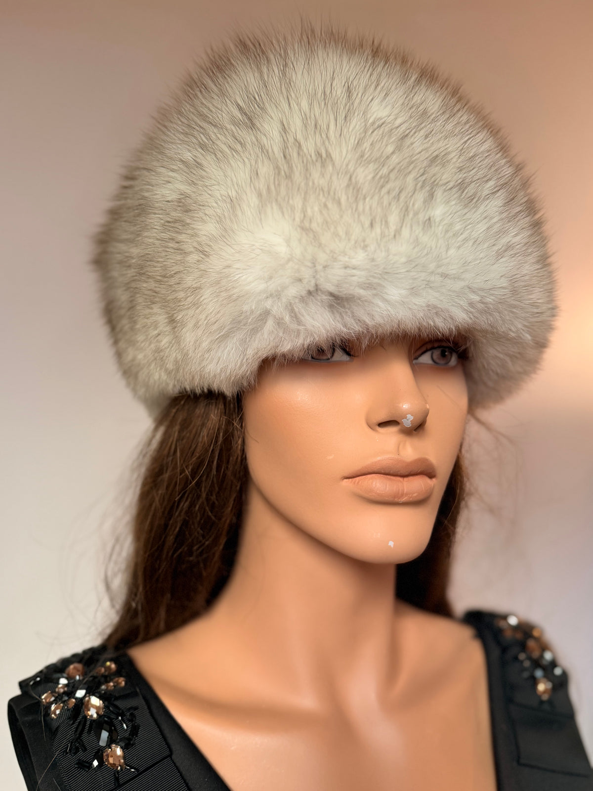 Vintage blue fox fur hat for women made from 100% genuine real fox fur, size M-L