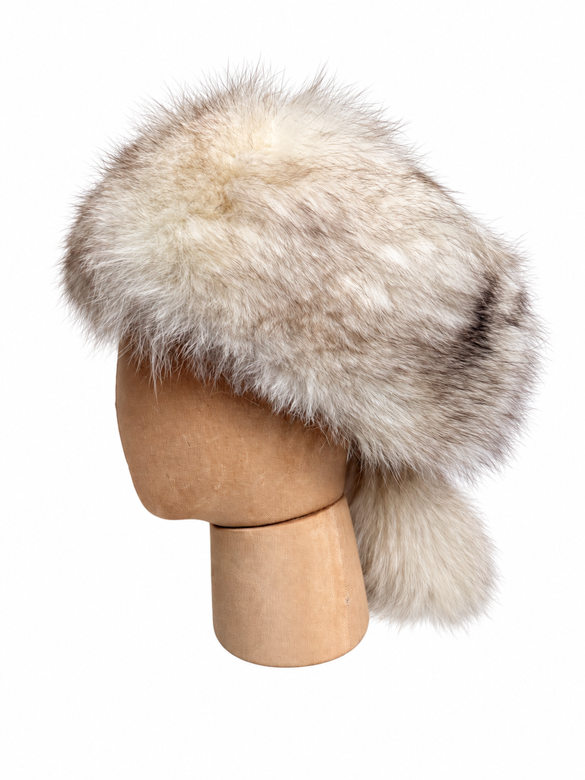 Vintage blue fox fur hat with decorative fox tails and genuine muskrat fur top, size L-XL