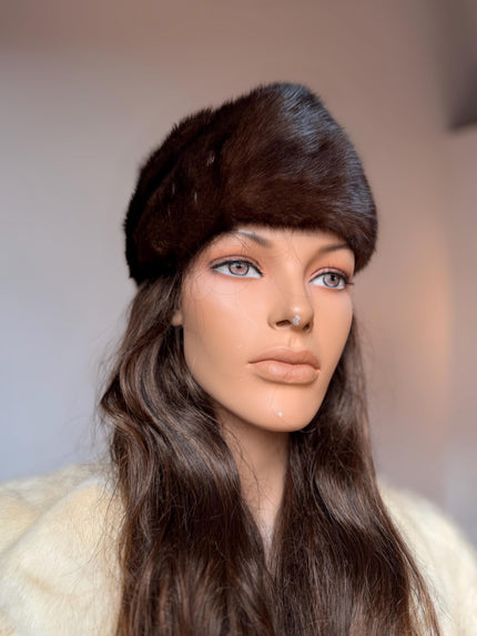 Vintage brown mink beret and pillbox style hat sourced in Belgium