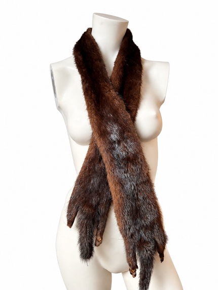 Vintage brown mink fur stole made from two full pelts with original mink heads, feet and tails