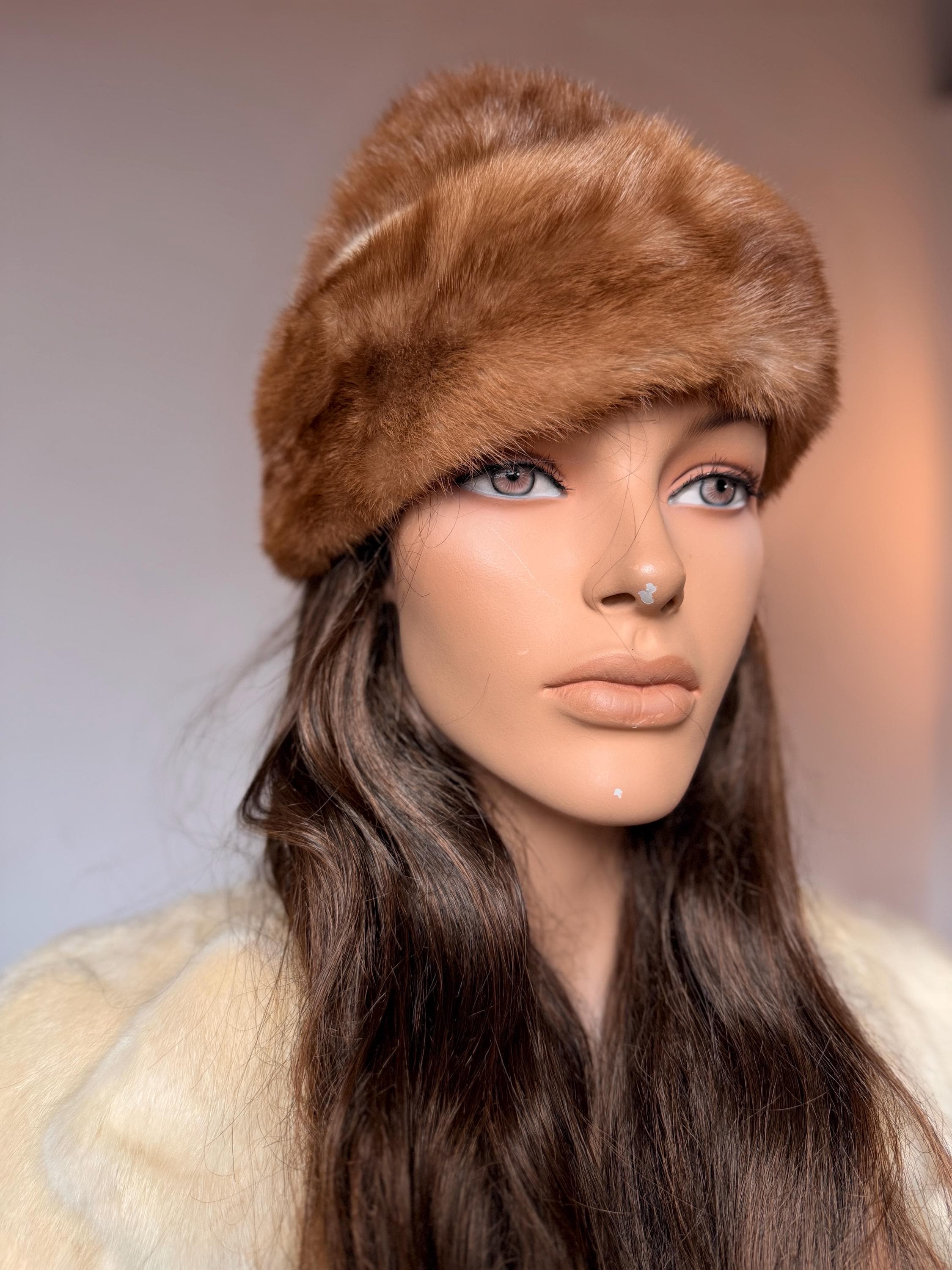 Vintage light pastel mink beret and pillbox style hat sourced in Belgium