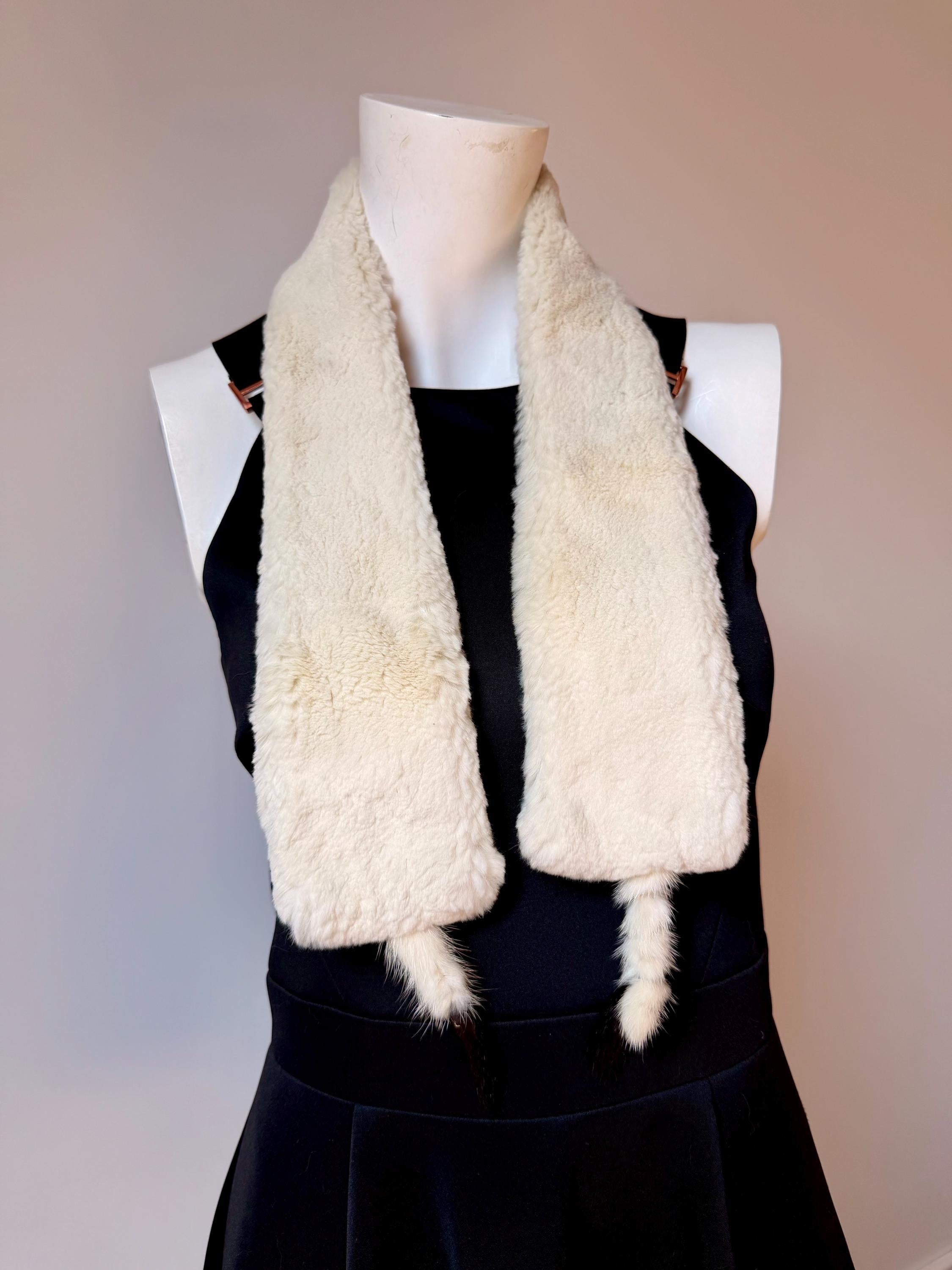 Vintage white sheared rabbit fur scarf made from genuine fur