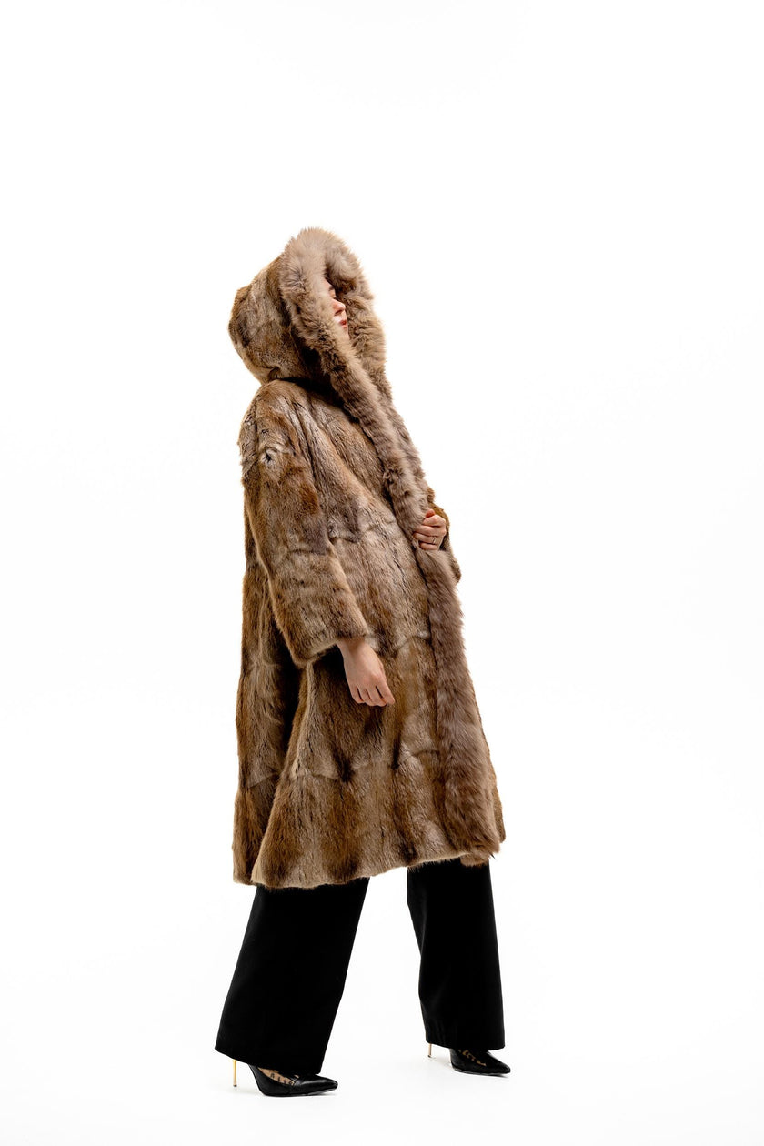 Warm vintage real fur coat with large fox fur hood