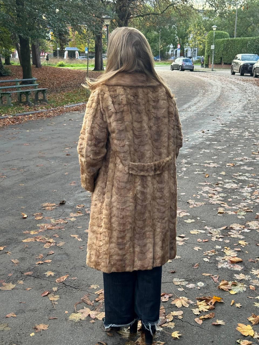 Long Beige Mink Fur Coat - L-XL
