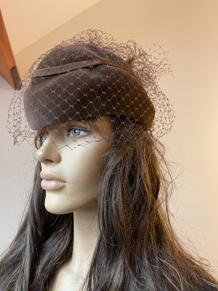 Brown Velour Pillbox Hat