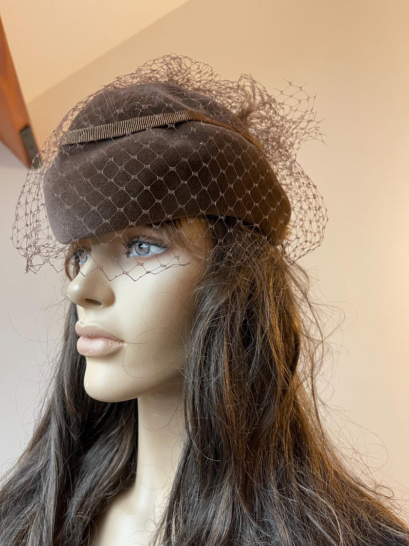 Brown Velour Pillbox Hat
