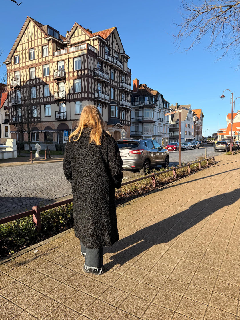 Long Black Lamb Fur Coat - L-XL
