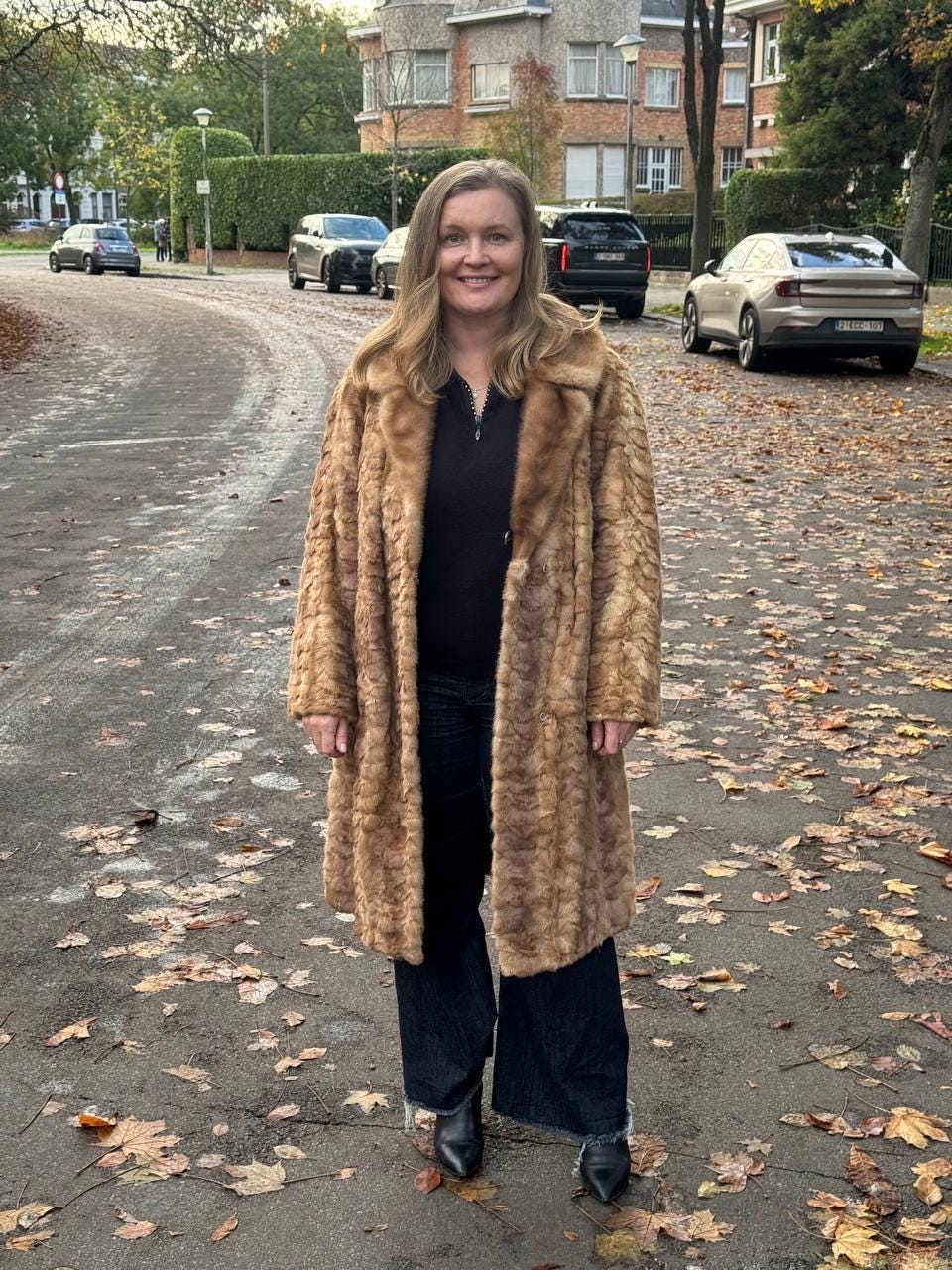 Long Beige Mink Fur Coat - L-XL