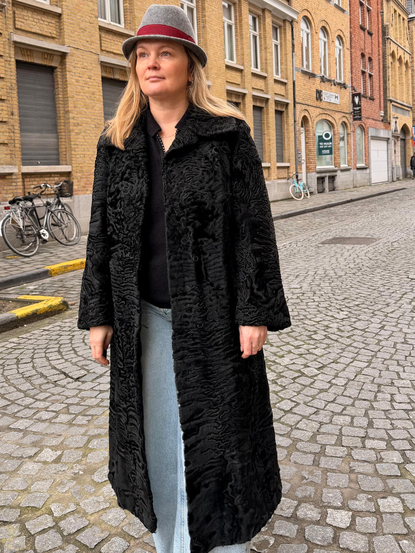 Black Broadtail Lamb Fur Coat - M-L
