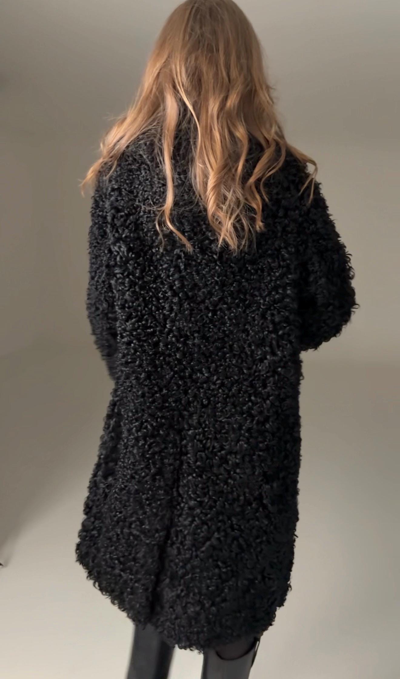 Black Curly Lamb Fur Coat -  M–L