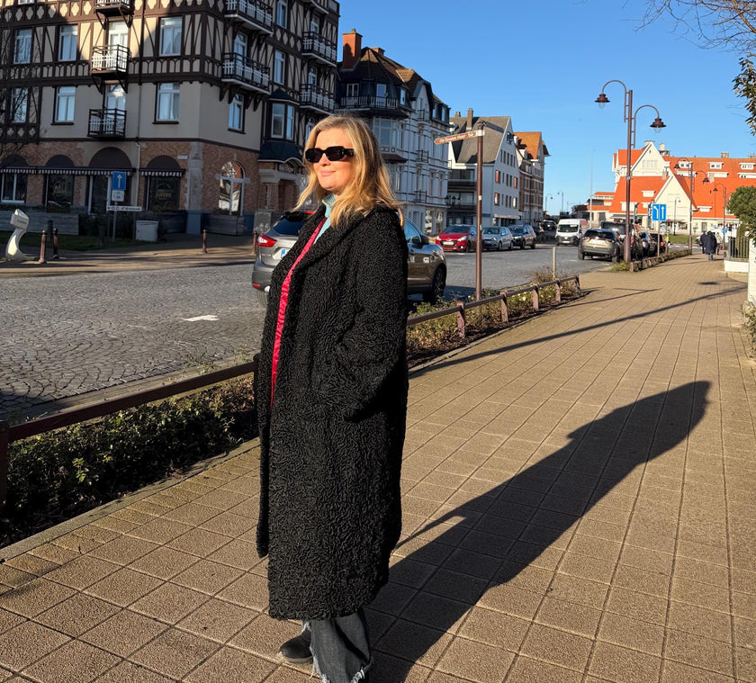 Long Black Lamb Fur Coat - L-XL