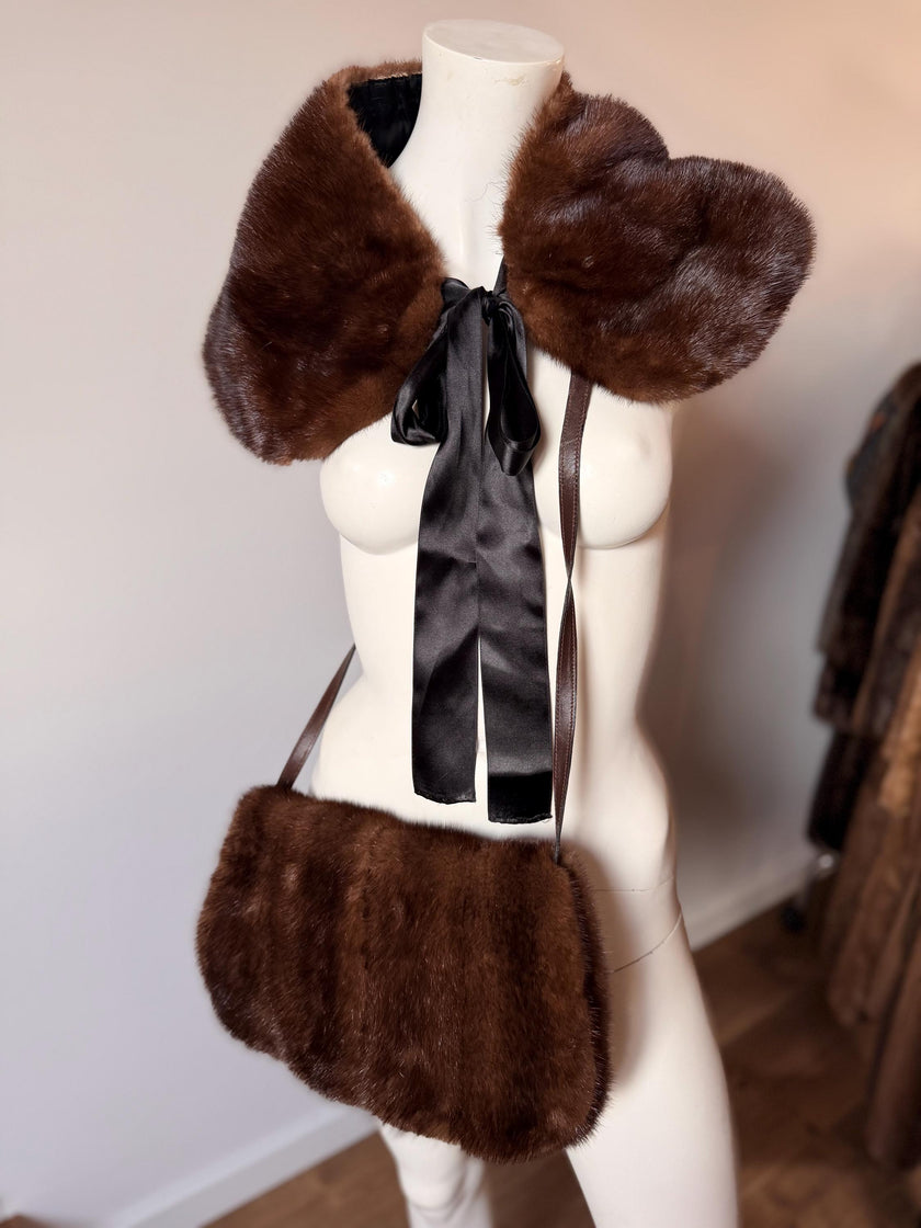 Set - Mink Fur Stole& Fur Bag