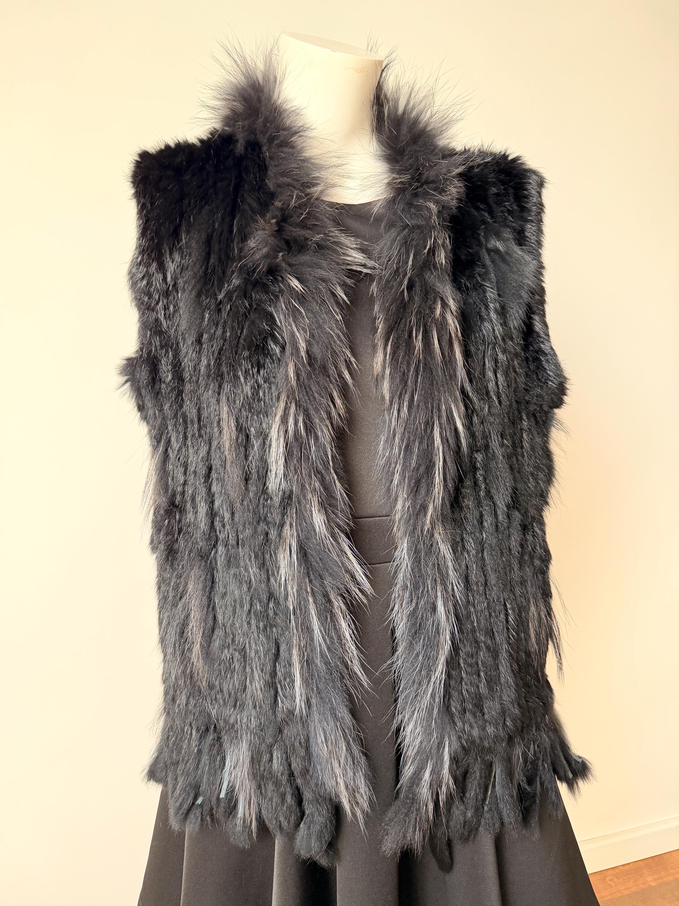 Vintage Grey Fur Vest -  100% Genuine Rabbit and Raccoon Fur - Size S-M