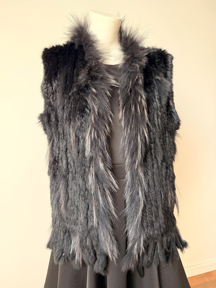 Vintage Grey Fur Vest -  100% Genuine Rabbit and Raccoon Fur - Size S-M