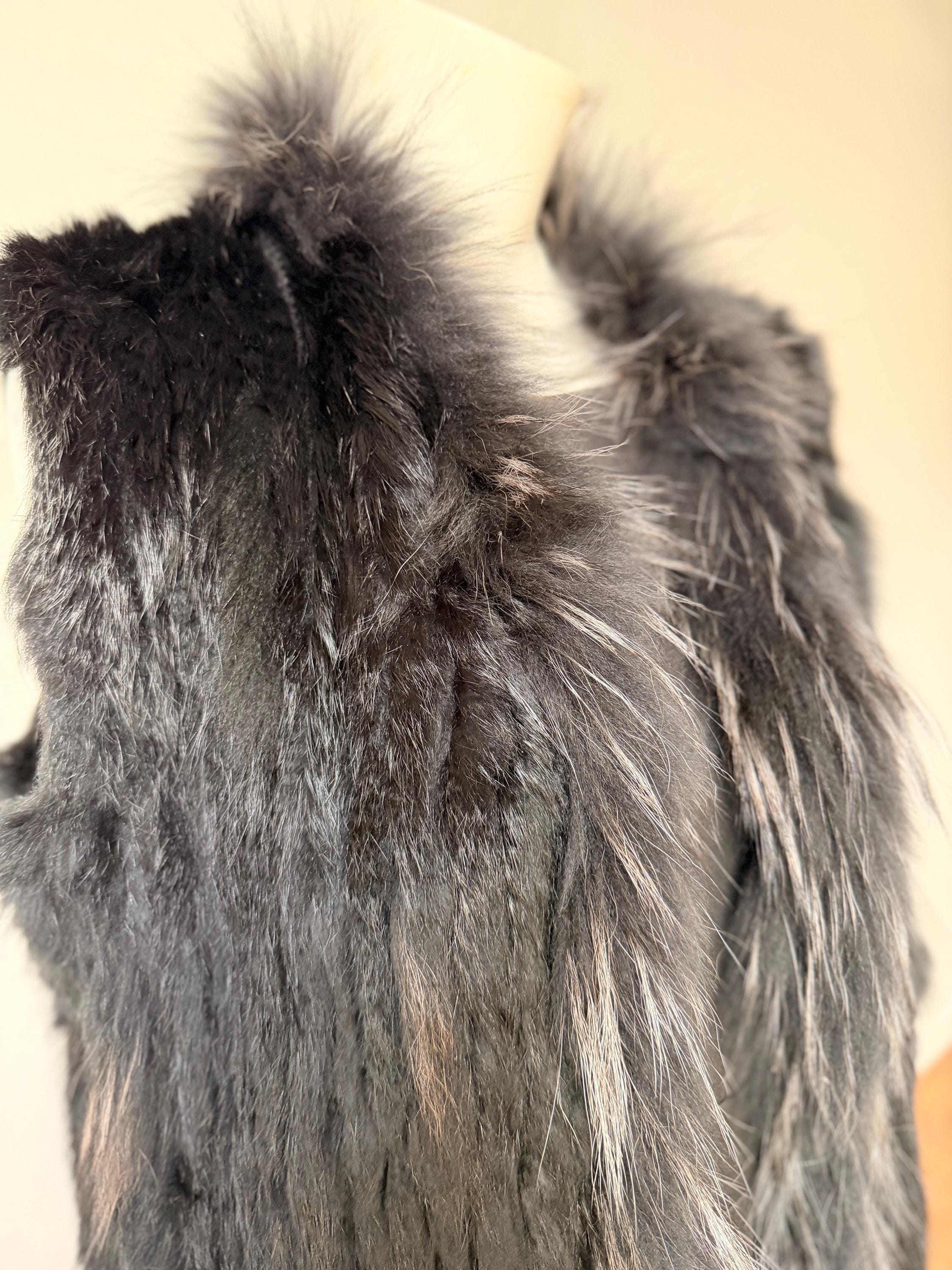 Vintage Grey Fur Vest -  100% Genuine Rabbit and Raccoon Fur - Size S-M