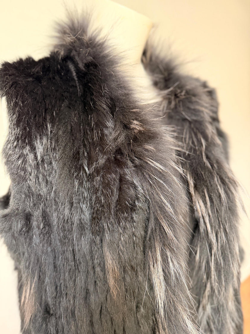Vintage Grey Fur Vest -  100% Genuine Rabbit and Raccoon Fur - Size S-M