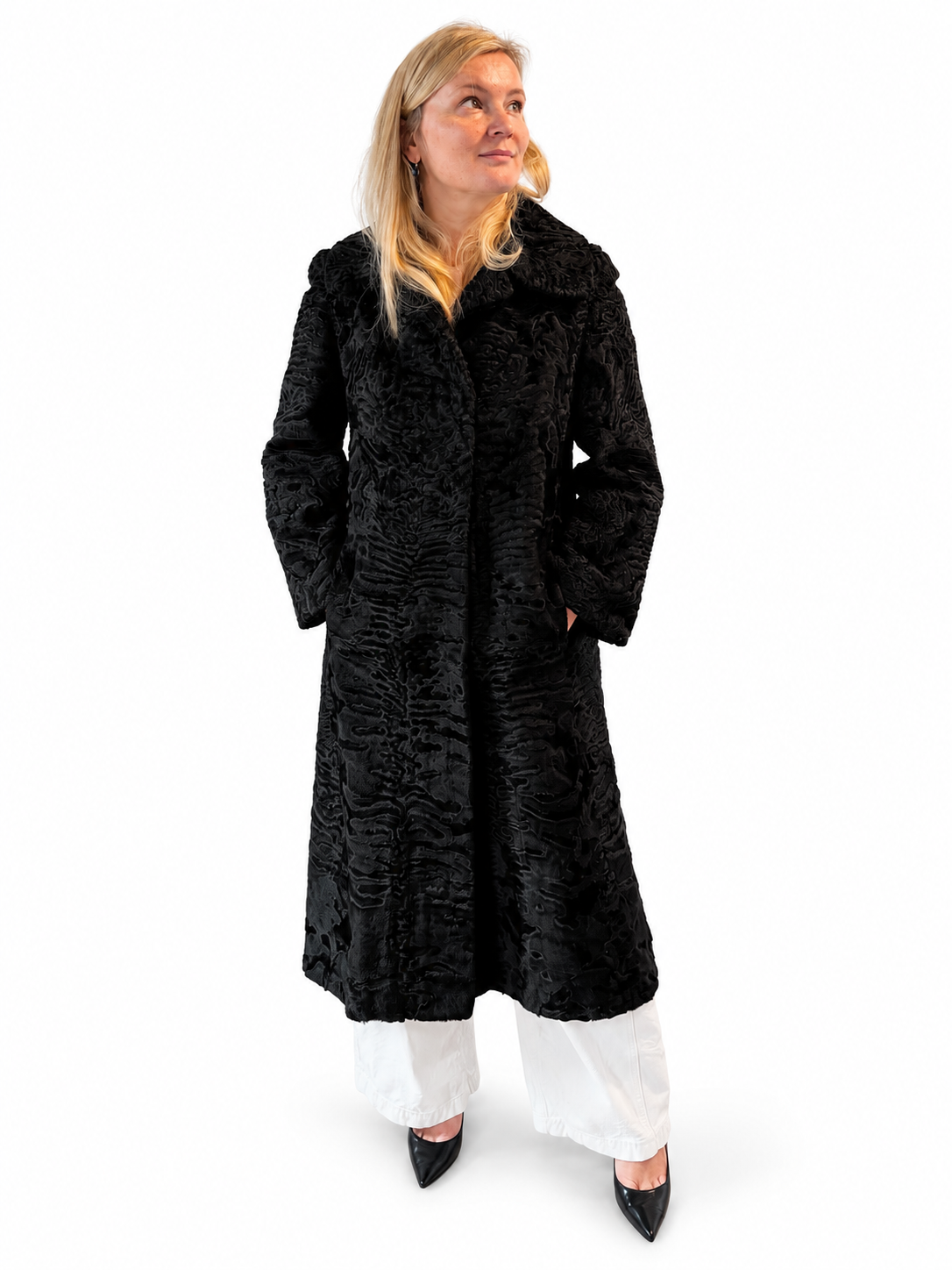 Black Long Lamb Fur Coat - L