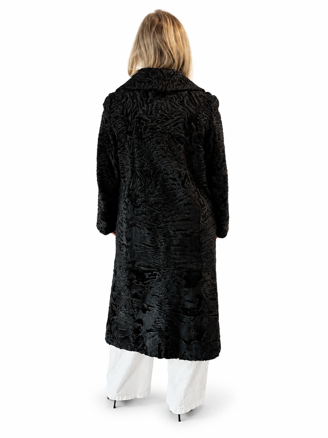 Black Long Lamb Fur Coat - L