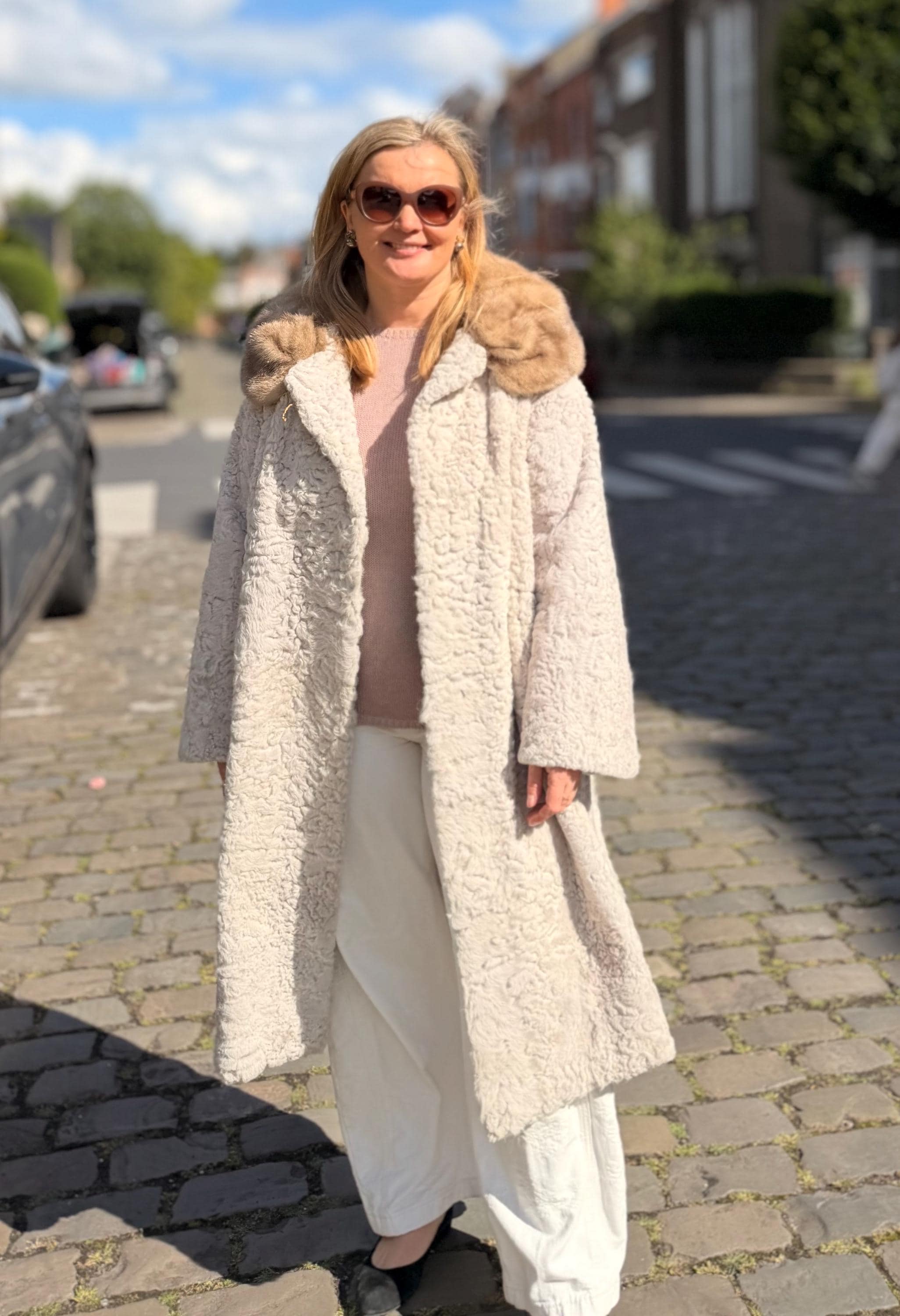 Vintage white astrakhan fur coat with pastel mink collar