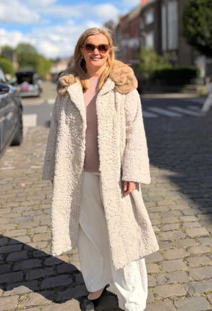 Vintage white astrakhan fur coat with pastel mink collar