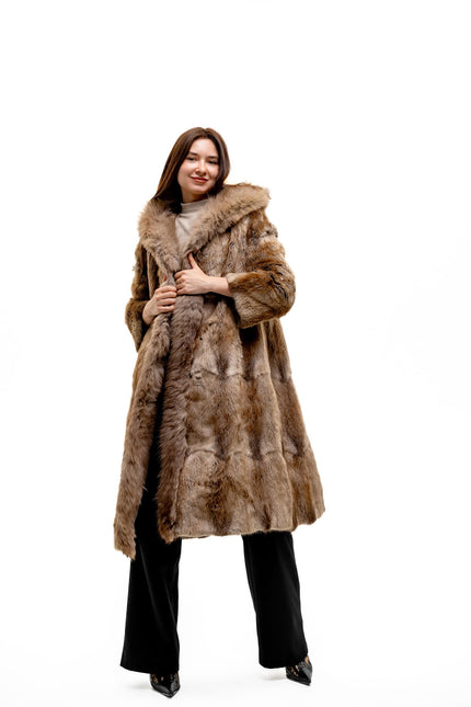 1980s muskrat fur coat with arctic fox fur hood